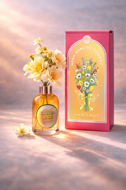 Golden Haze reed diffuser with yellow floral stems displayed beside a pink illustrated box.