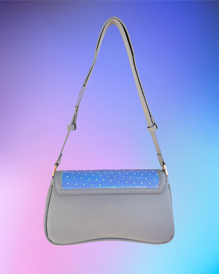 Back view of grey vegan leather handbag with smooth finish.