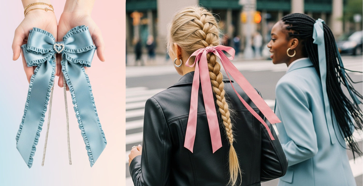 Hand holding a blue embellished hair bow next to two women wearing long satin bows tied in their hair while walking in the city.