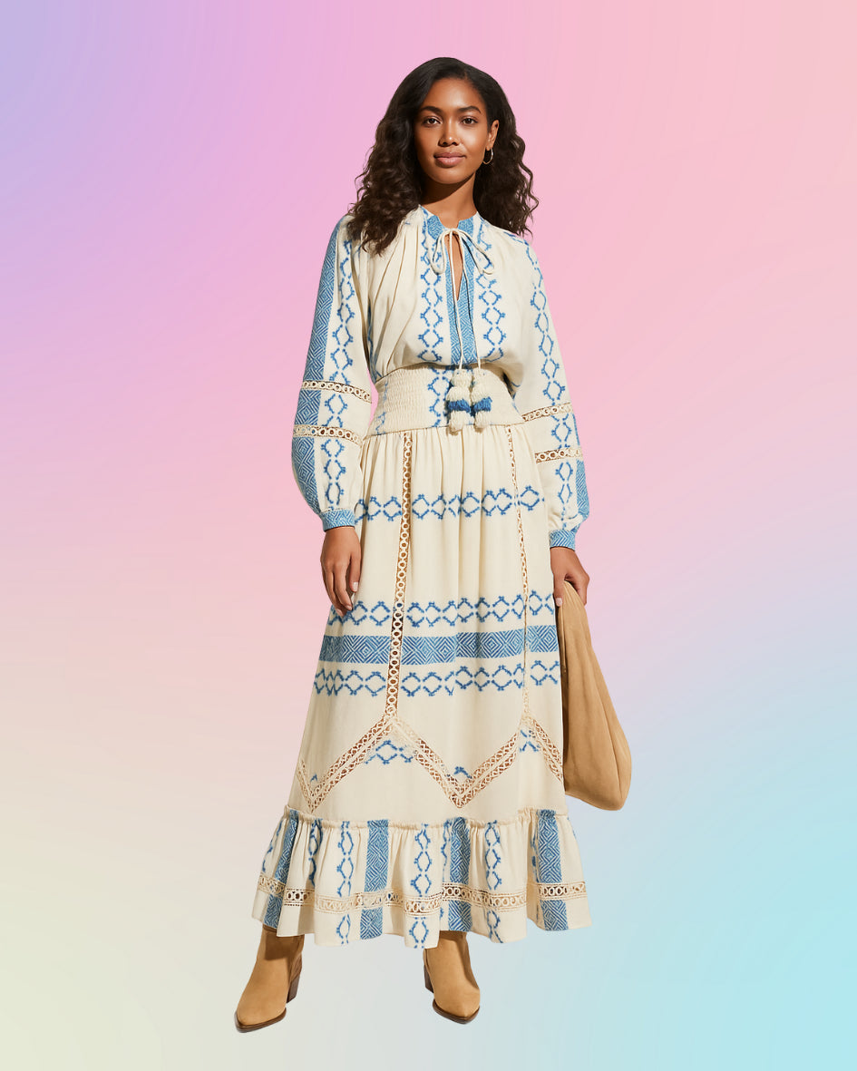 Beige and blue embroidered cotton dress by Hemant and Nandita shown front view on model.