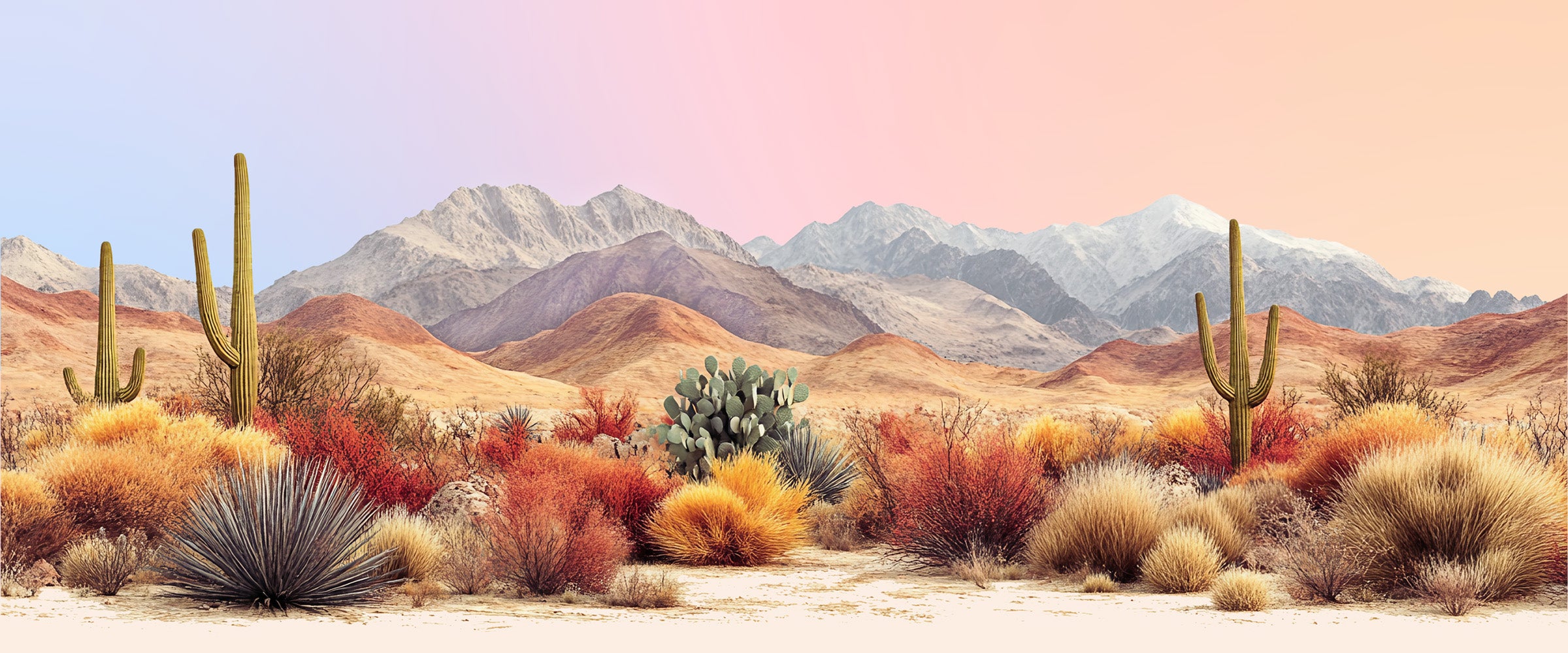 Desert landscape with cacti and mountains under a gradient sky.