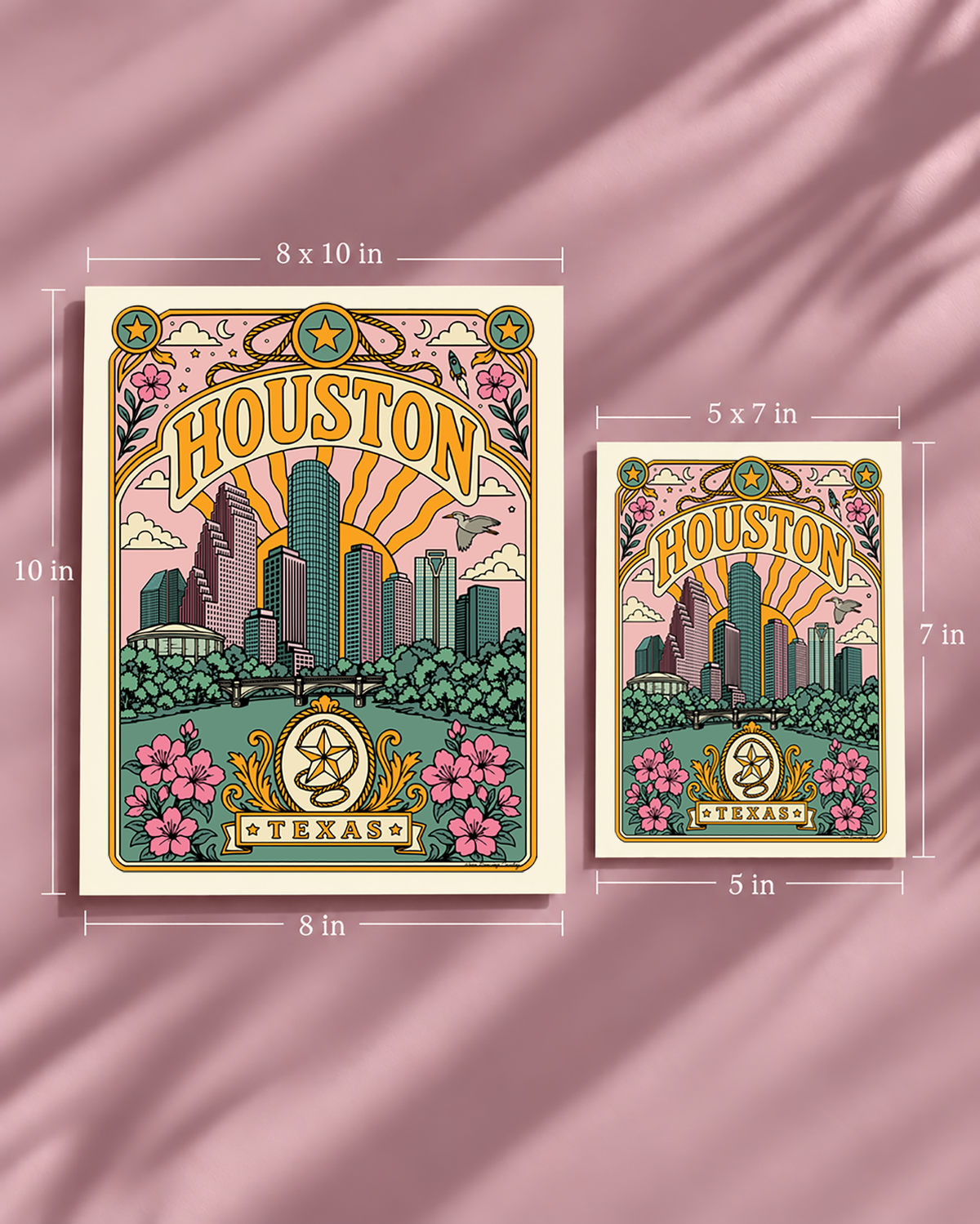 Houston Texas art print shown in 8x10 and 5x7 sizes for scale comparison.