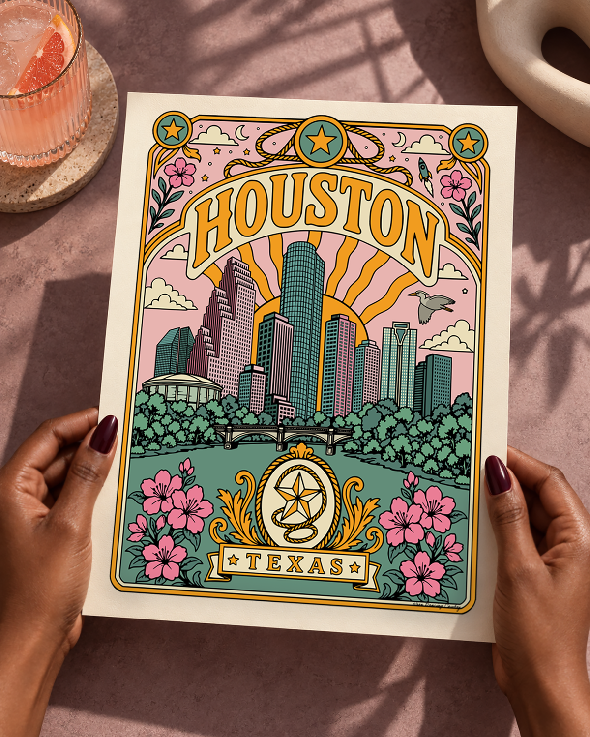Houston Texas art print featuring the downtown skyline in a colorful vintage-inspired city poster design.