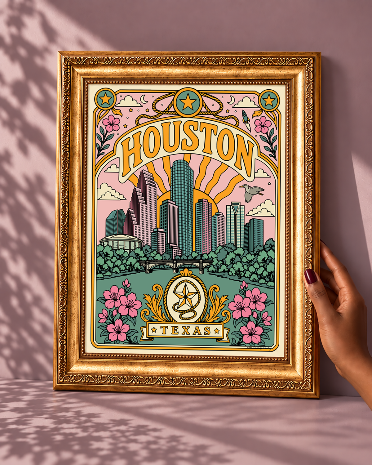Houston Texas vintage-style poster displayed in an ornate gold frame with a narrow cream border.