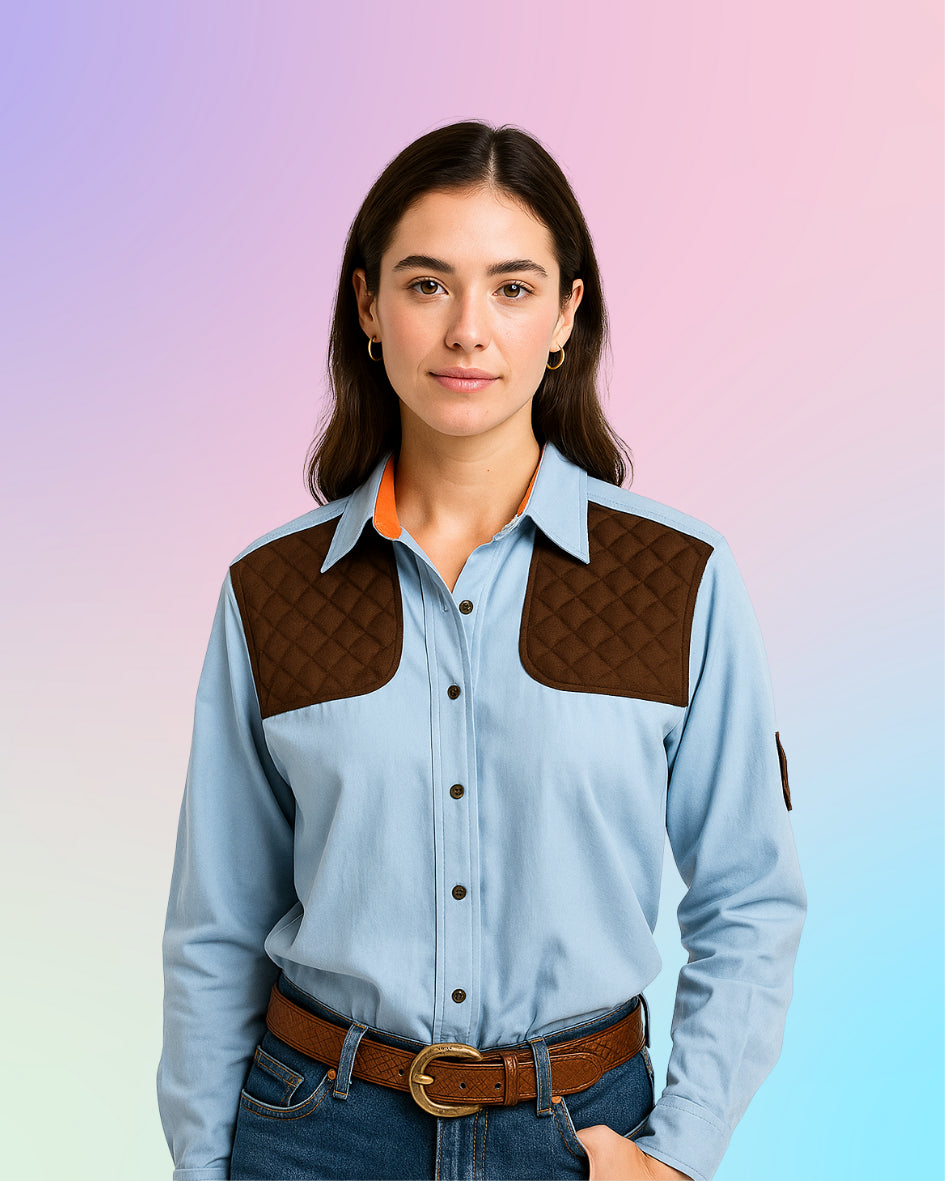 Model wearing the King Ranch quilted western shirt styled with jeans, highlighting the quilted shoulders and tailored fit.