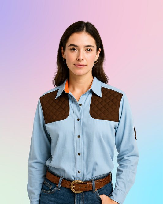Model wearing the King Ranch quilted western shirt styled with jeans, highlighting the quilted shoulders and tailored fit.