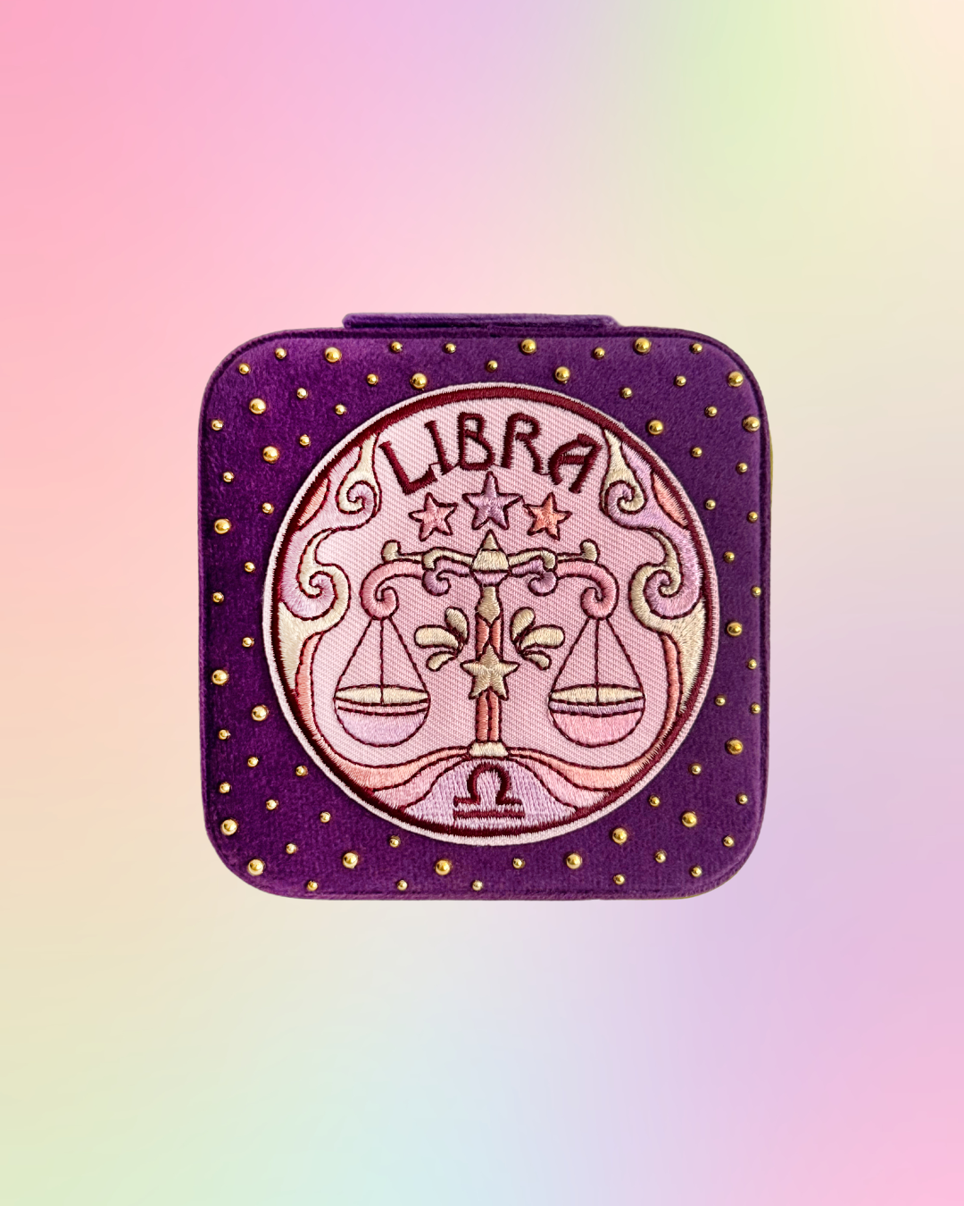 Libra velvet zodiac jewelry box with embroidered zodiac patch and gold rhinestone details.