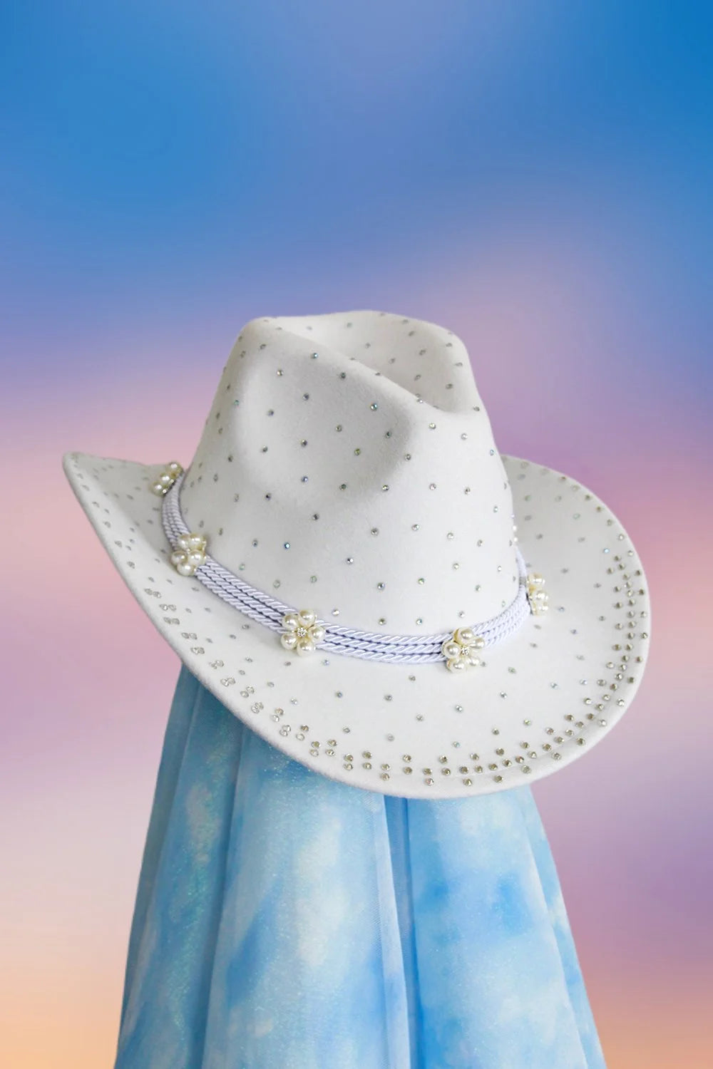White cowboy hat with pearls rhinestones and tulle veil main view.