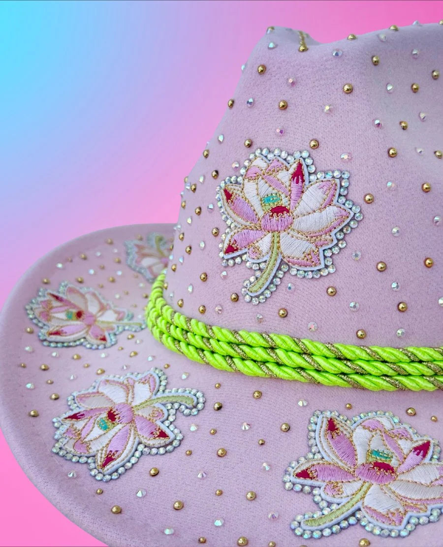 Lucky Lotus cowboy hat with embroidered lotus flowers and rhinestone detailing, front view.