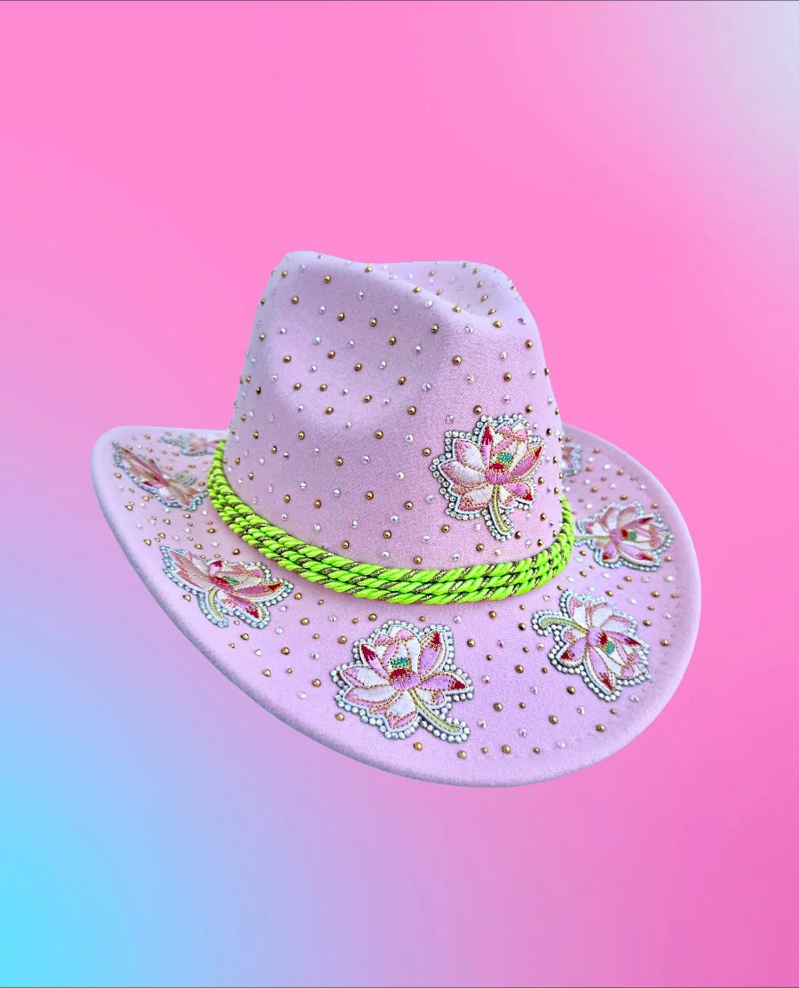 Lucky Lotus cowboy hat with embroidered lotus flowers and rhinestone detailing, front view.