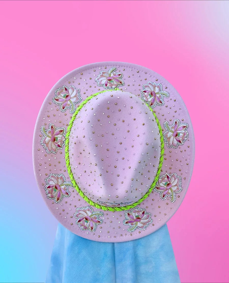 Top view of the Lucky Lotus cowboy hat showing rhinestones and floral motifs.