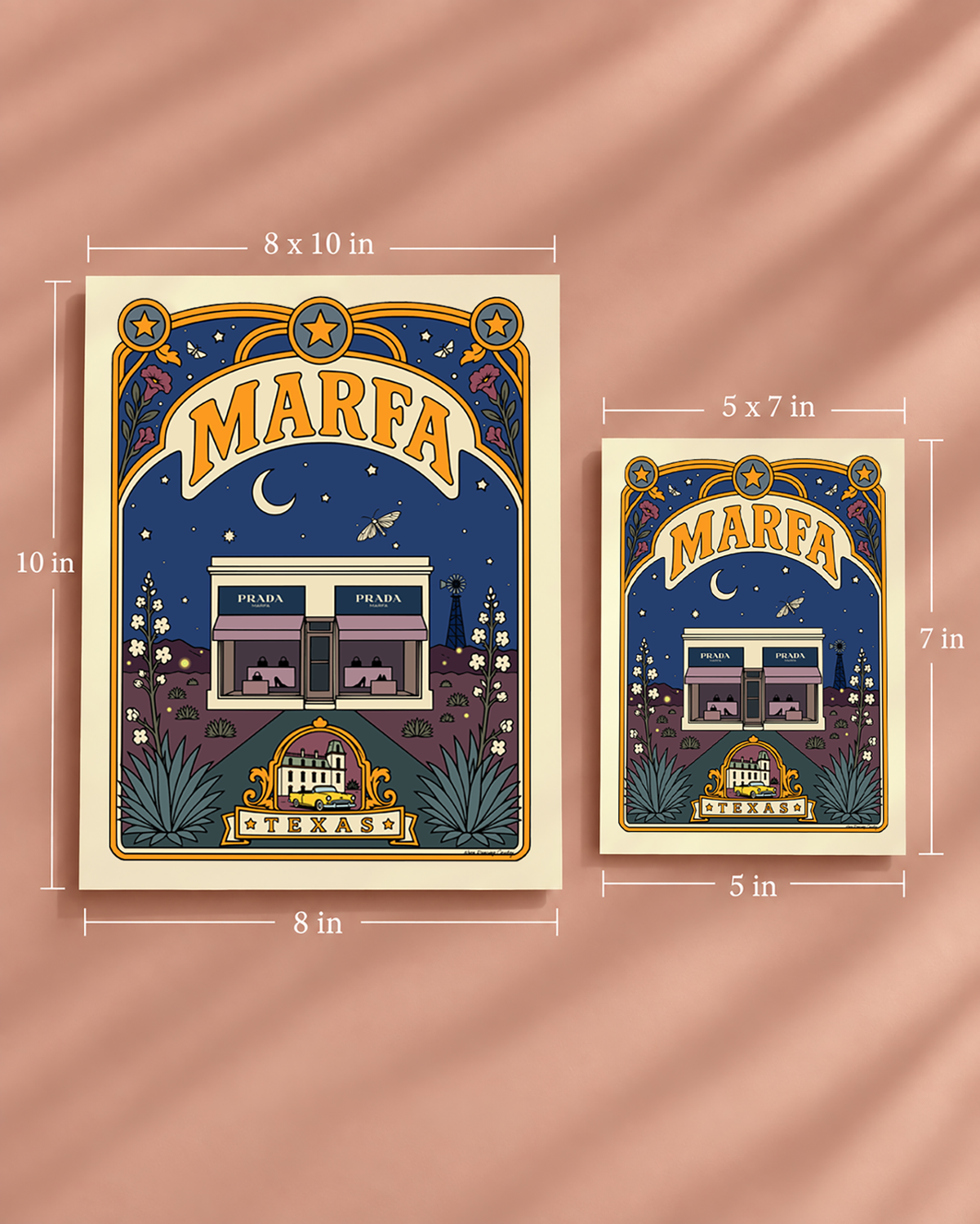 Marfa Texas art print shown in 5 x 7 and 8 x 10 inch sizes for comparison.