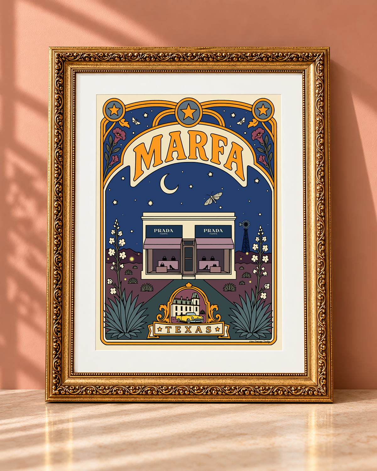 Marfa Texas art print with a white mat displayed in an ornate vintage-style gold frame.