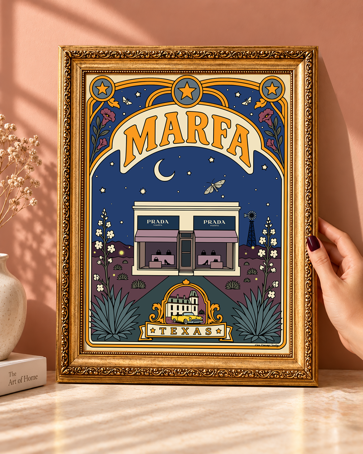 Marfa Texas wall art displayed in an ornate vintage-style gold frame.