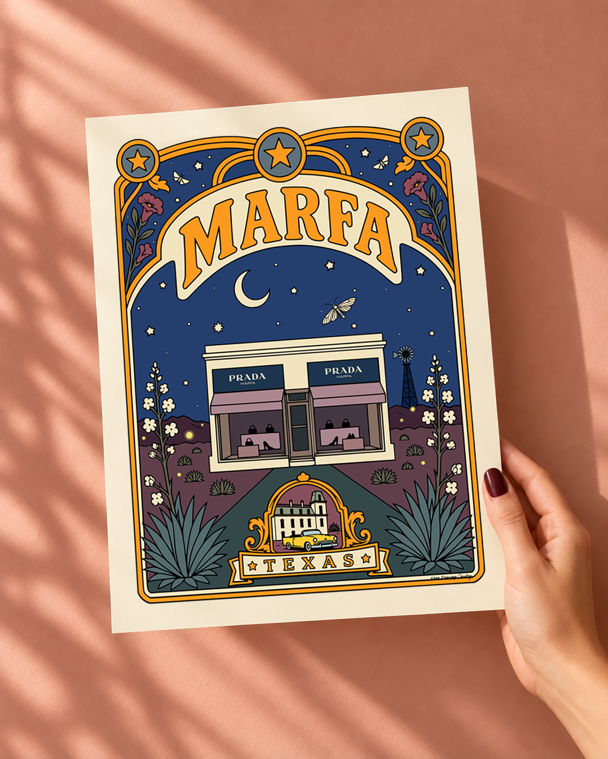 Marfa Texas wall art print featuring the Prada Marfa storefront in a retro illustrated desert scene.