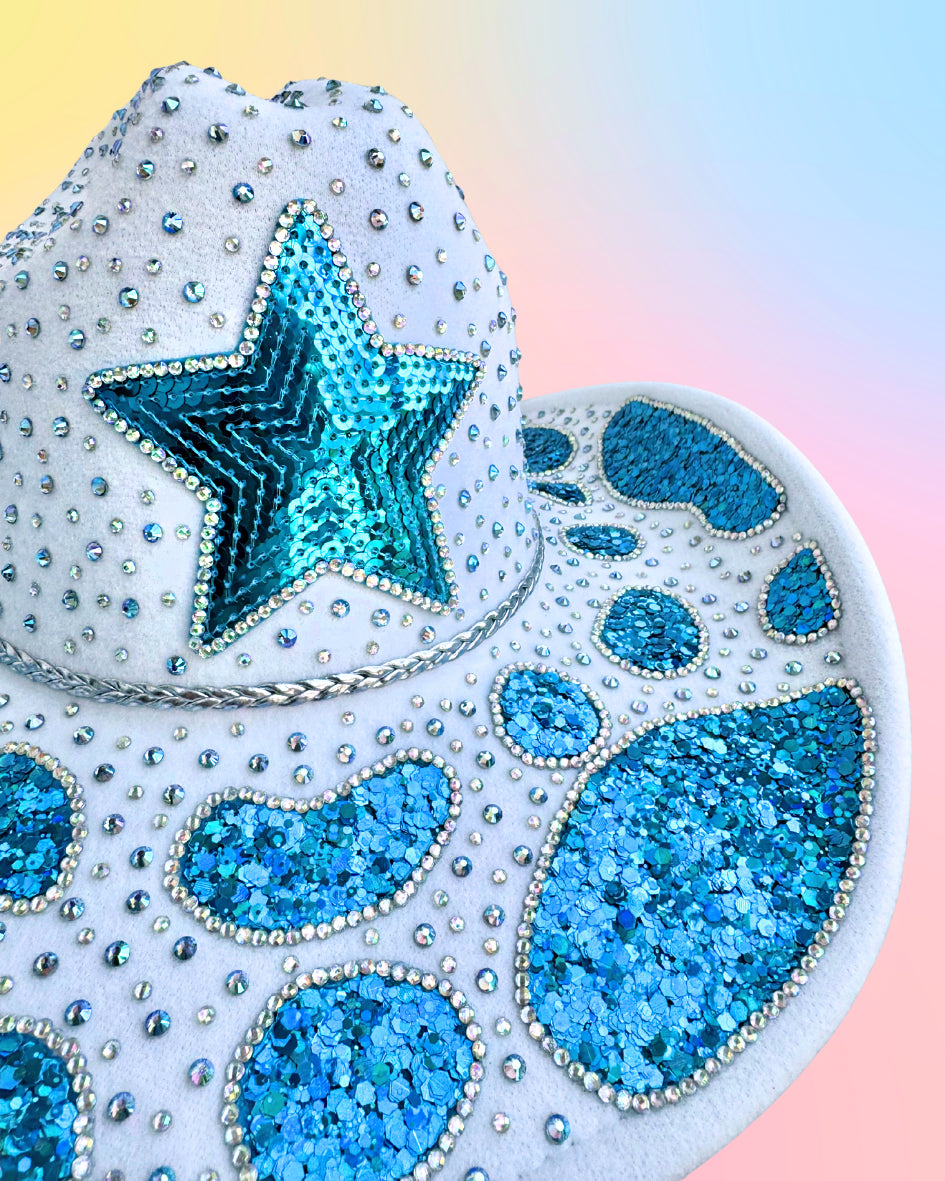 Mermaid Lagoon hat with blue sequin star and iridescent rhinestone detailing.