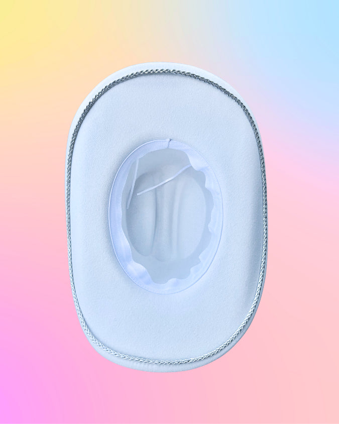 Mermaid Lagoon cowboy hat underside showing white base and silver trim.