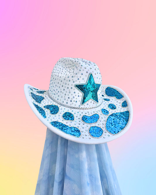 Mermaid Lagoon white cowboy hat with ocean-blue star embellishment.