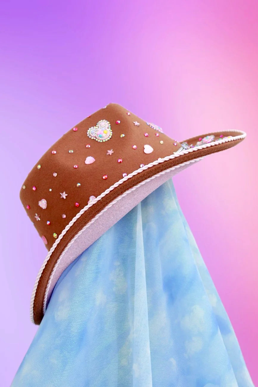 Side view of Mouse Outlaw cowboy hat with mixed trims and embellishments.