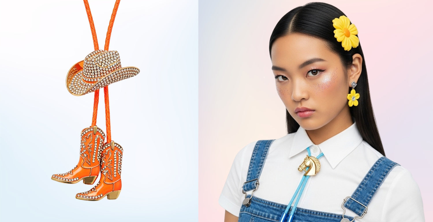 Rhinestone cowboy bolo tie paired with a model in denim overalls and bright flower accessories, showcasing playful Western style.