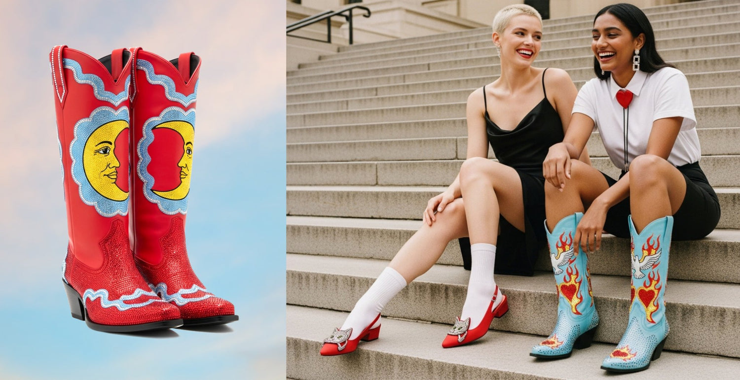 Hand-embellished Western boots and playful heels worn by two women sitting on steps, showcasing the bold and colorful style.