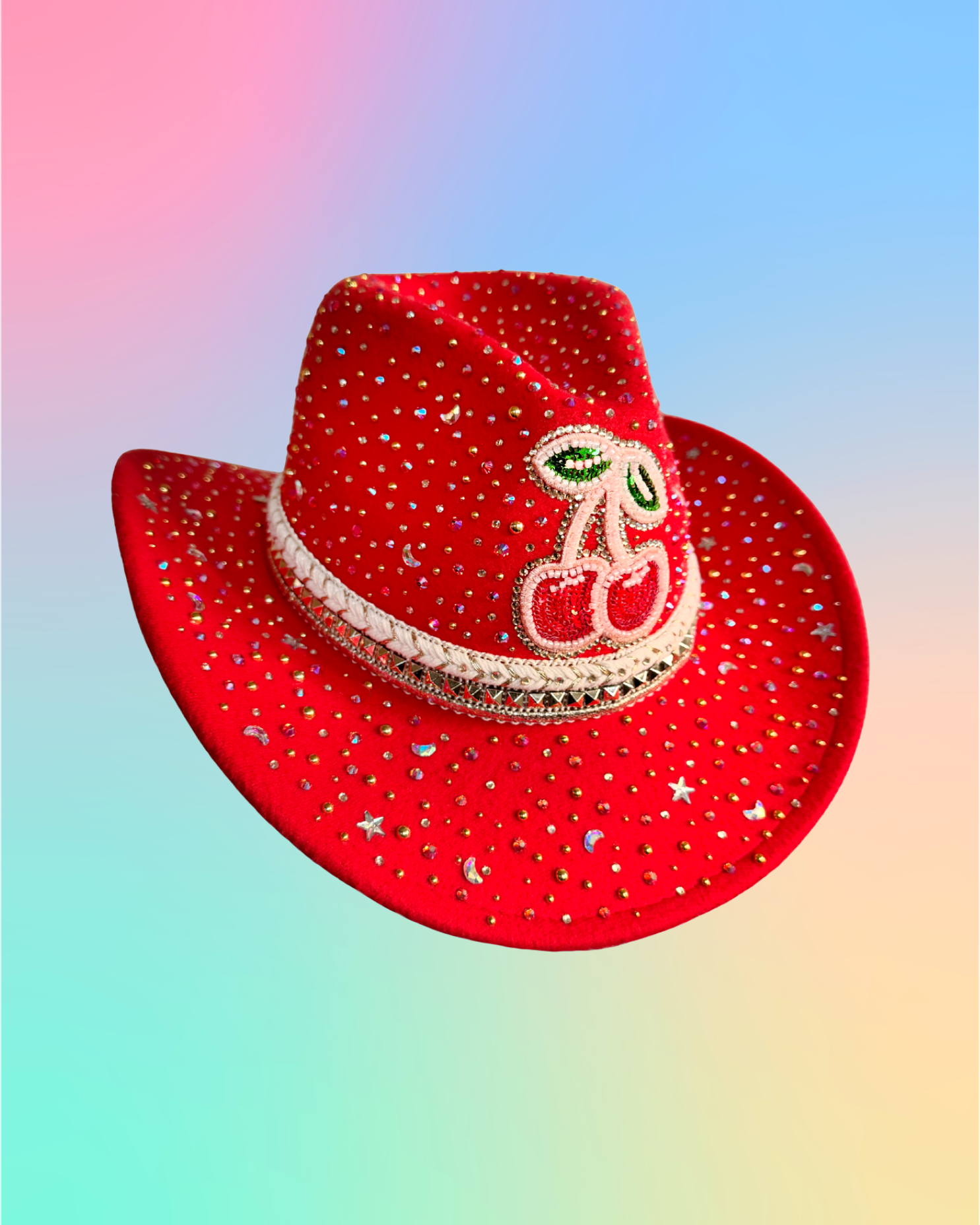 Front view of red rhinestone cowboy hat with cherry embellishment and crystal details.