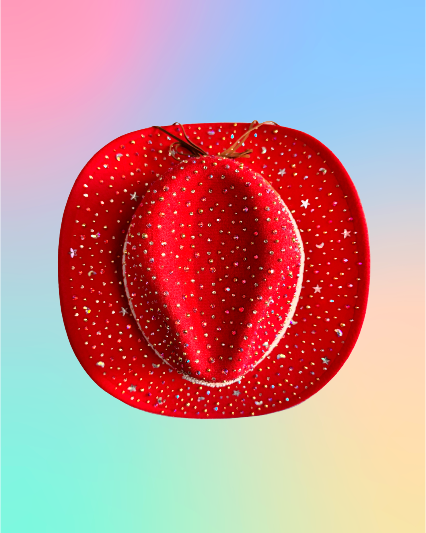Top view of red rhinestone cowboy hat showing crown shape and crystal detailing.