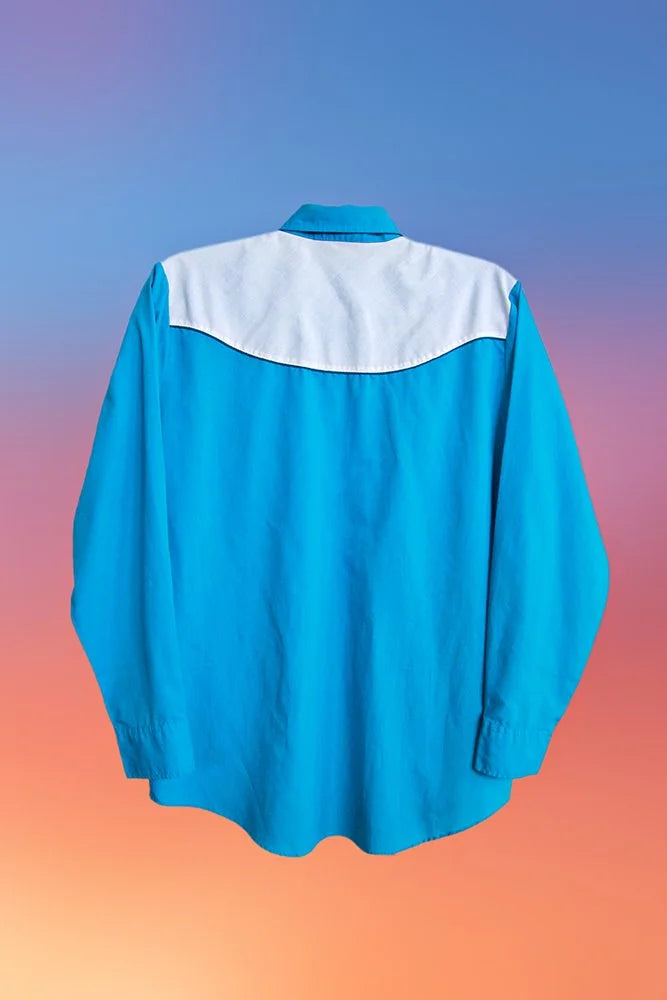 Back view of teal western shirt featuring white yoke panel and long sleeves.