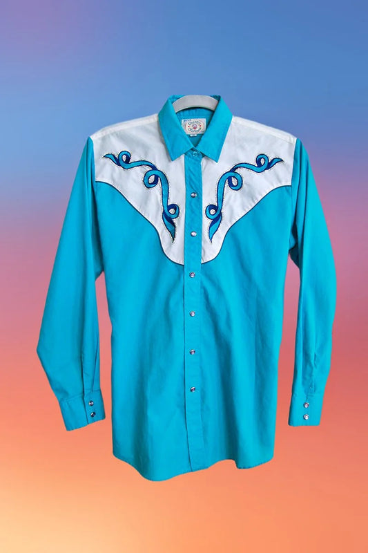 Full front view of teal and white Rodeo Queen vintage western shirt with blue embroidery.