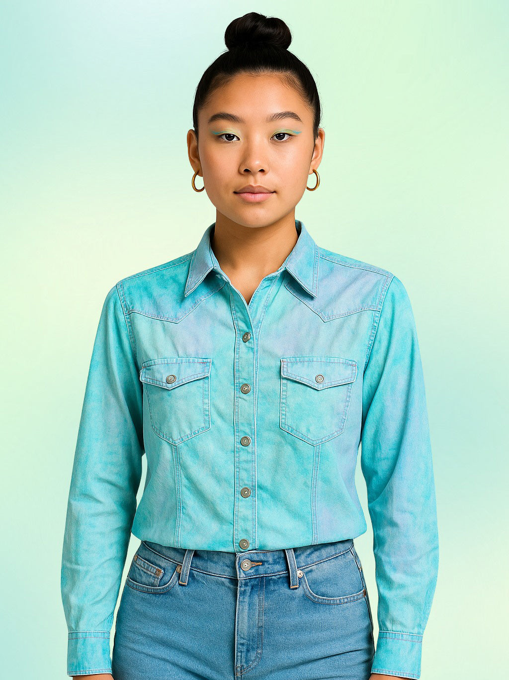 Front view of vintage Rough Stock watercolor western shirt in turquoise and lavender tones.