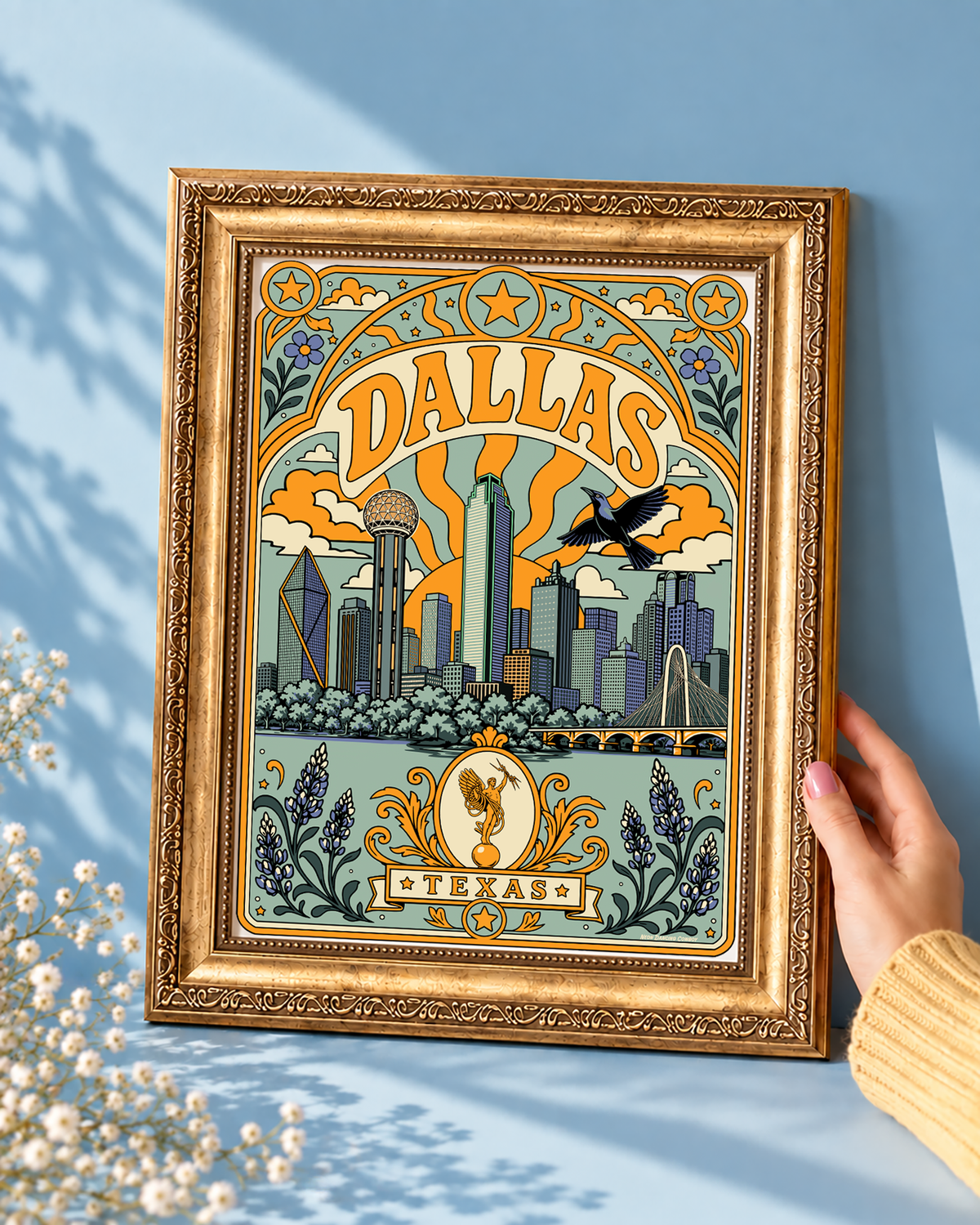 Sage color Dallas skyline print displayed without a mat in an ornate vintage gold frame, featuring iconic Dallas landmarks and bluebonnets.