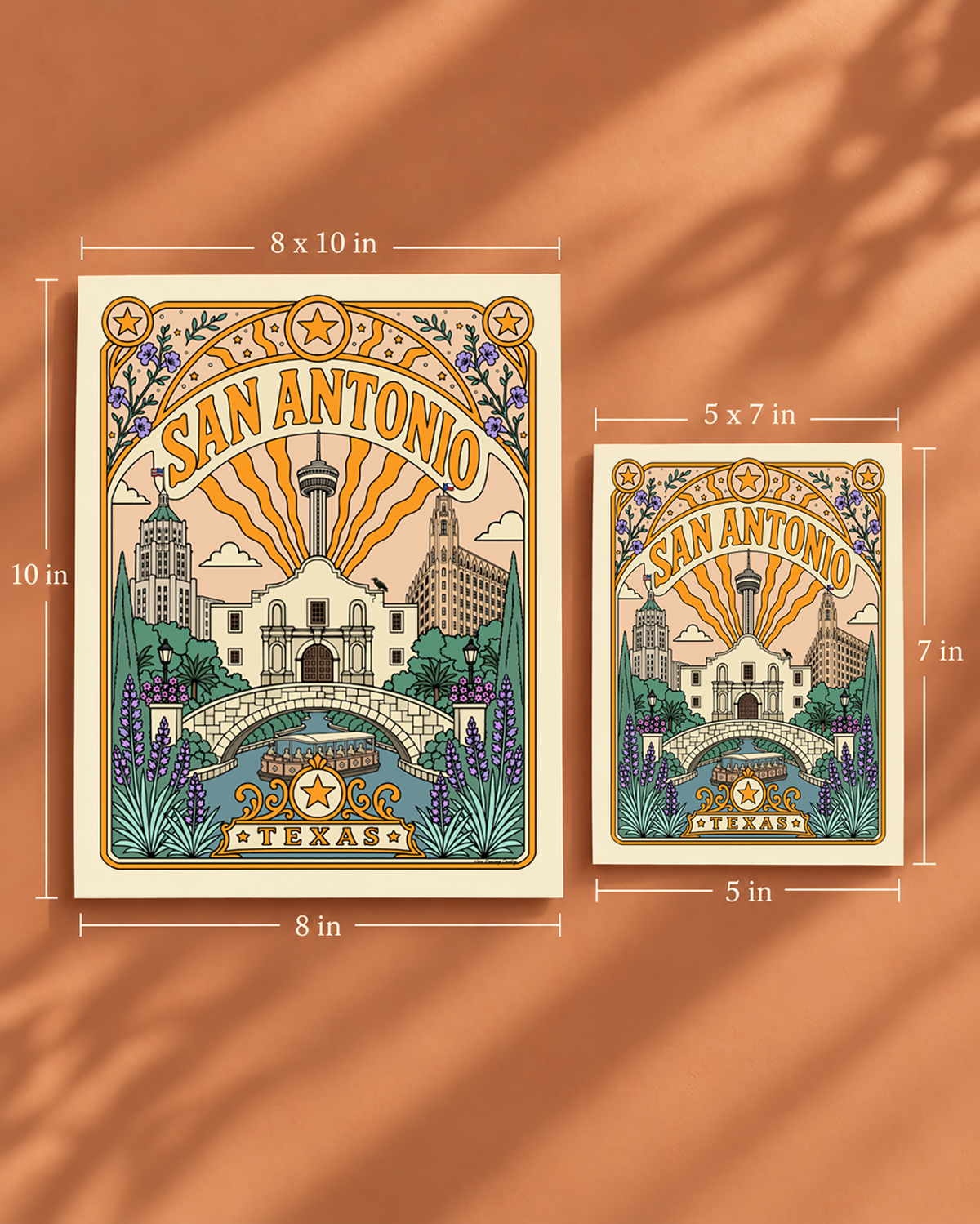 San Antonio Texas art print shown in 8x10 and 5x7 sizes for scale comparison.