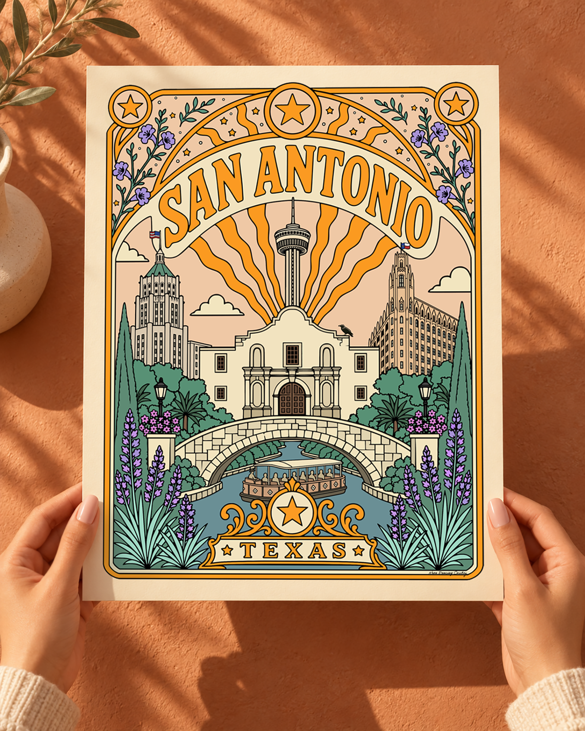 San Antonio Texas art print featuring the Alamo, River Walk, Tower of the Americas and city landmarks in a colorful vintage-inspired poster design.