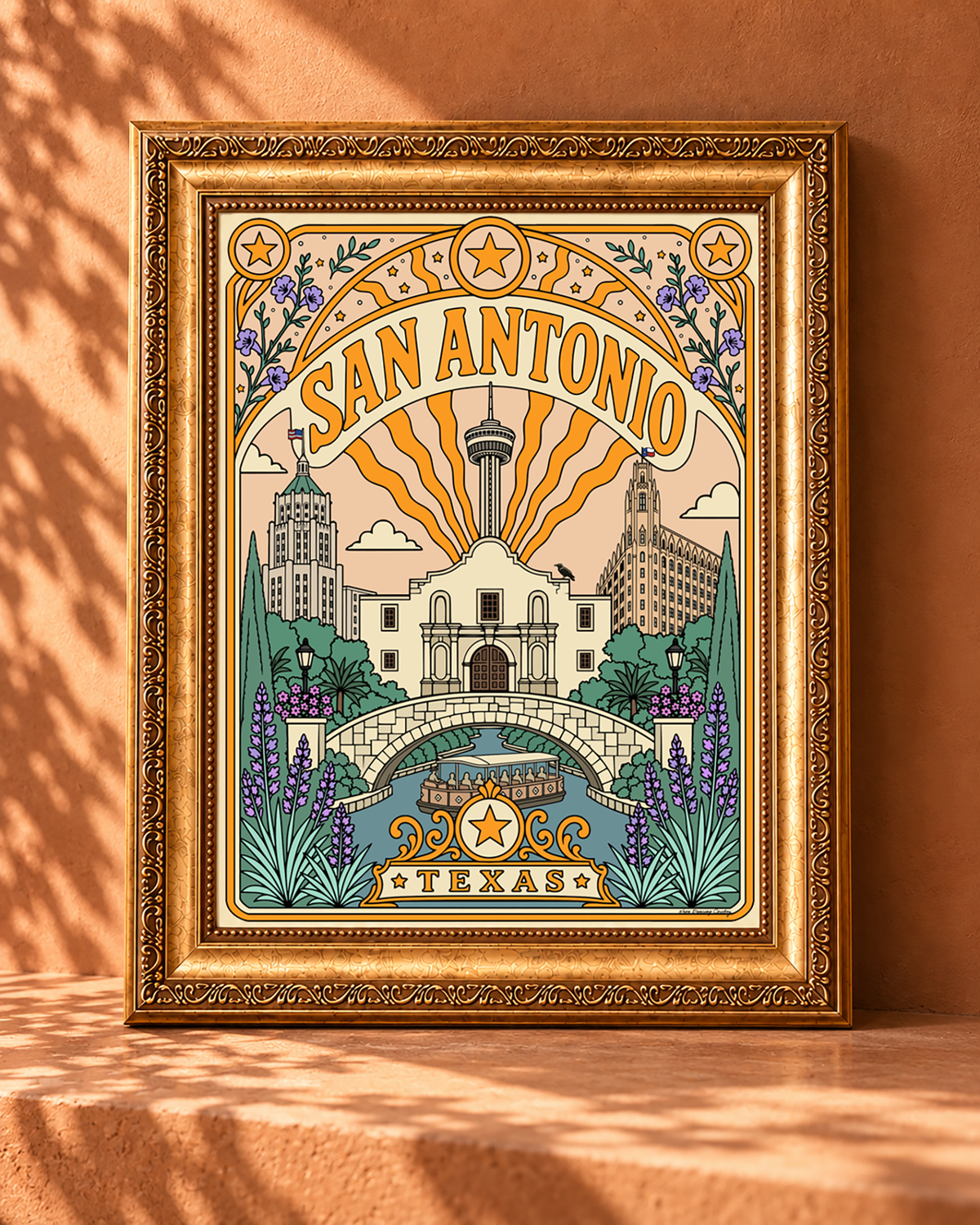 San Antonio Texas wall art displayed without a mat in an ornate gold frame with a narrow cream border.