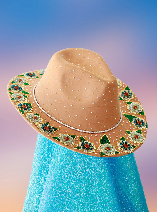Front view of camel embellished fedora with intricate beaded flowers.