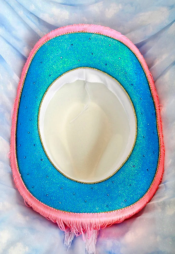 Glittered bottom brim of showgirl cowboy hat with gold detailing.