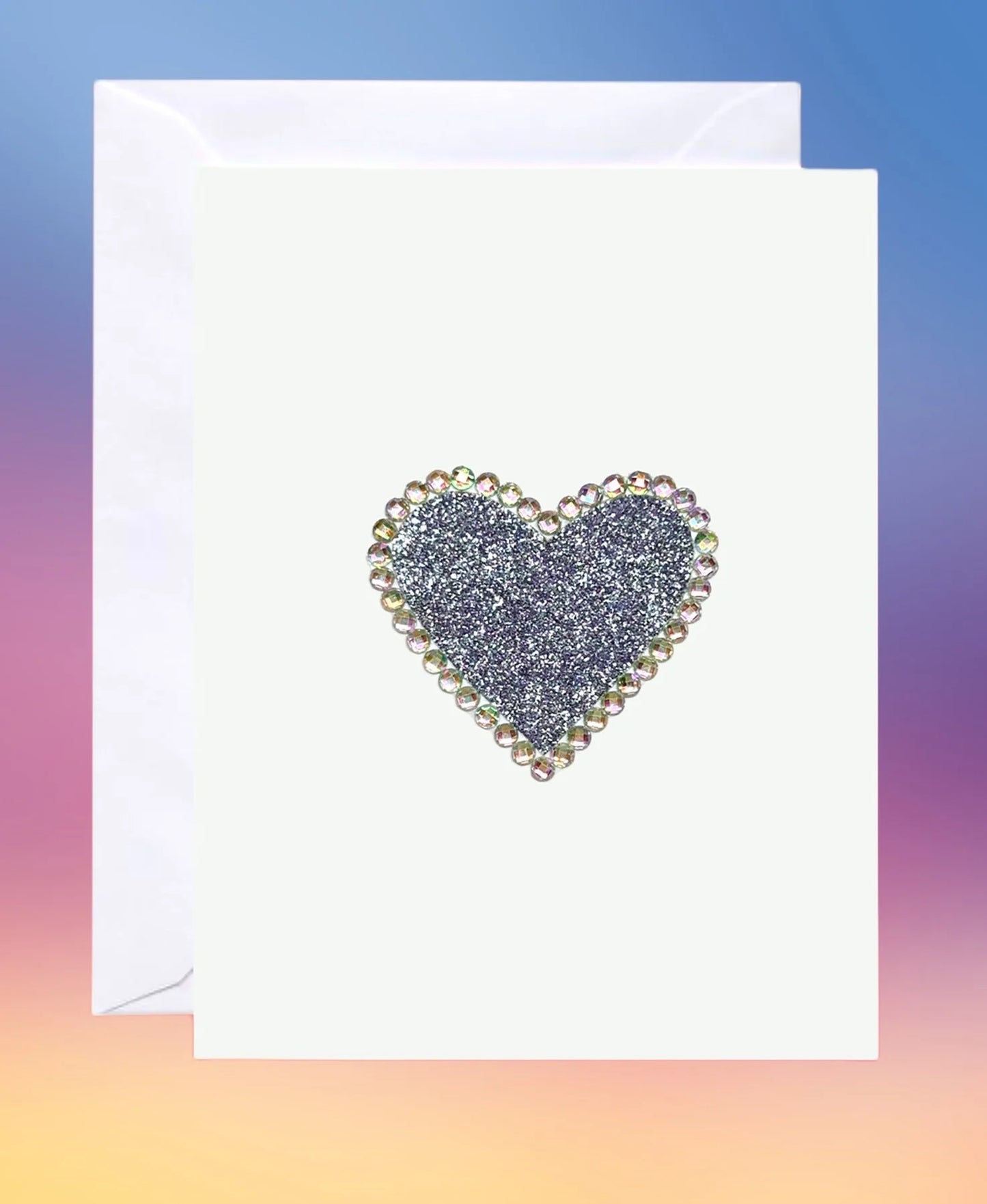 Blue-silver greeting card featuring a glitter heart outlined with iridescent rhinestones.