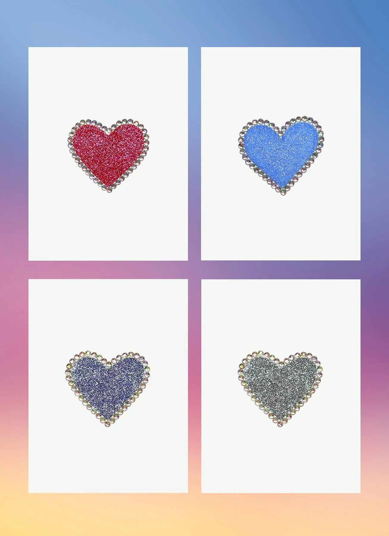 Set of four glitter heart greeting cards shown in pink, blue, purple, and silver with rhinestone borders.