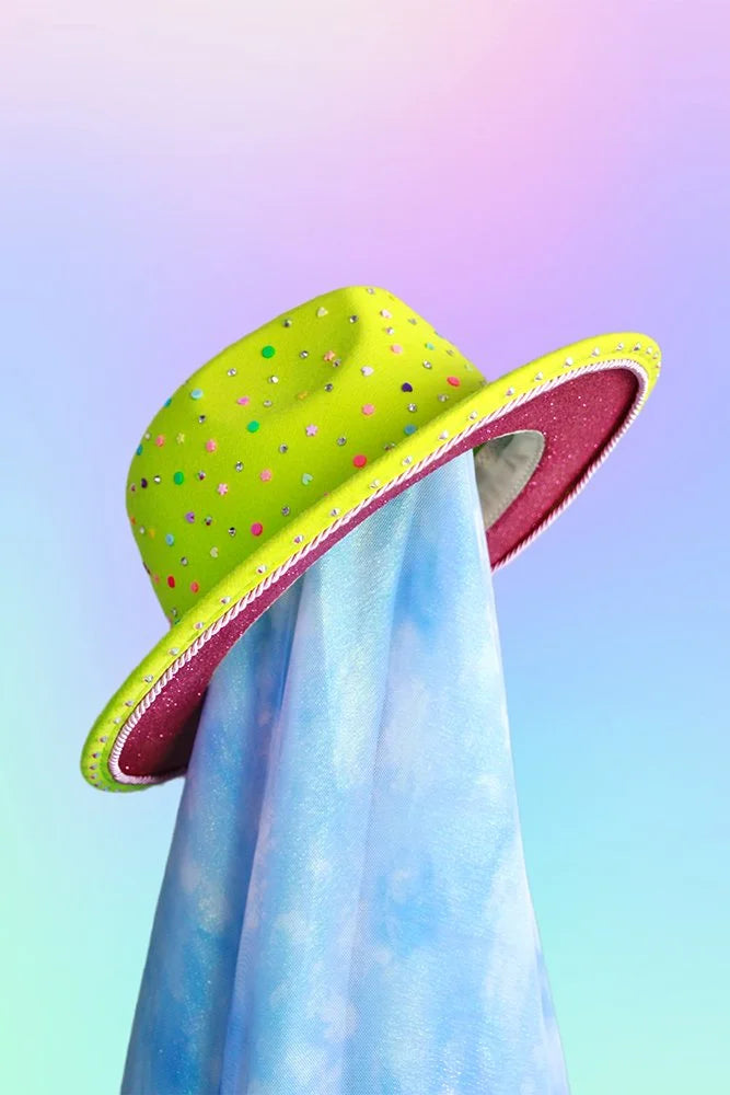 Side angle of embellished lime fedora showing pink glitter underbrim.