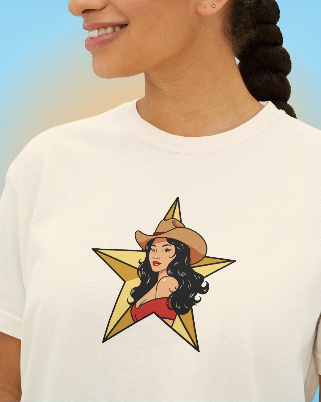 Close-up of Star Goddess illustrated artwork with softly faded vintage-style print.