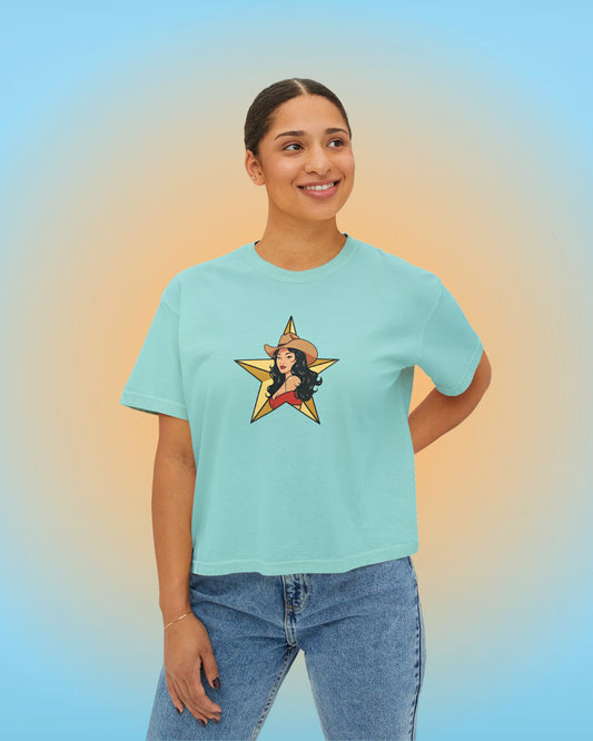 Model wearing chalky mint Star Goddess cropped tee with relaxed boxy fit.