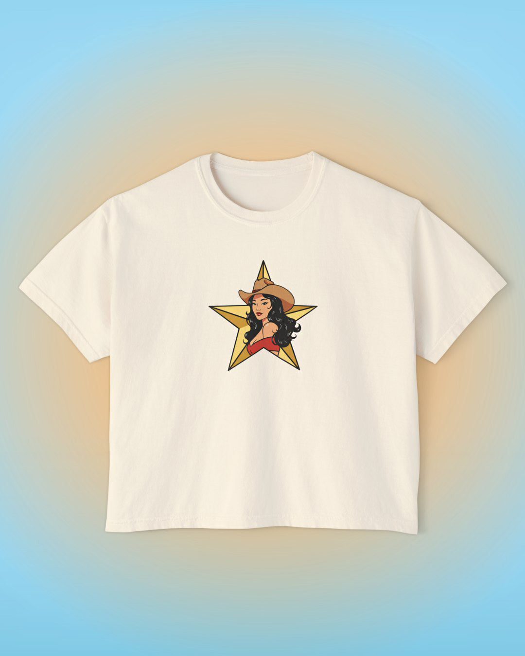 Ivory cropped t-shirt with Star Goddess illustrated artwork printed on the front.
