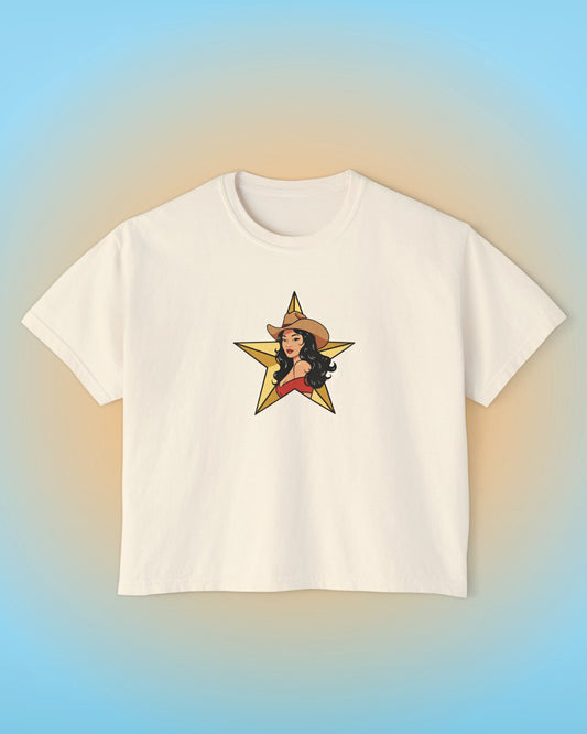 Ivory cropped t-shirt with Star Goddess illustrated artwork printed on the front.