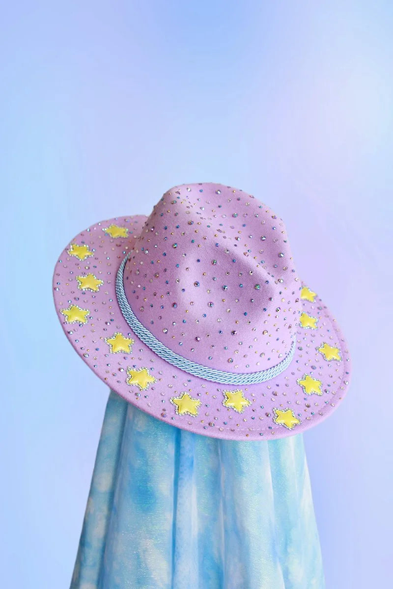 Lavender felt fedora with multicolor rhinestones and yellow embroidered stars, front angled view.