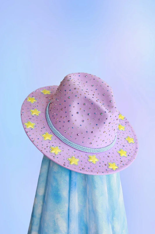 Lavender felt fedora with multicolor rhinestones and yellow embroidered stars, front angled view.