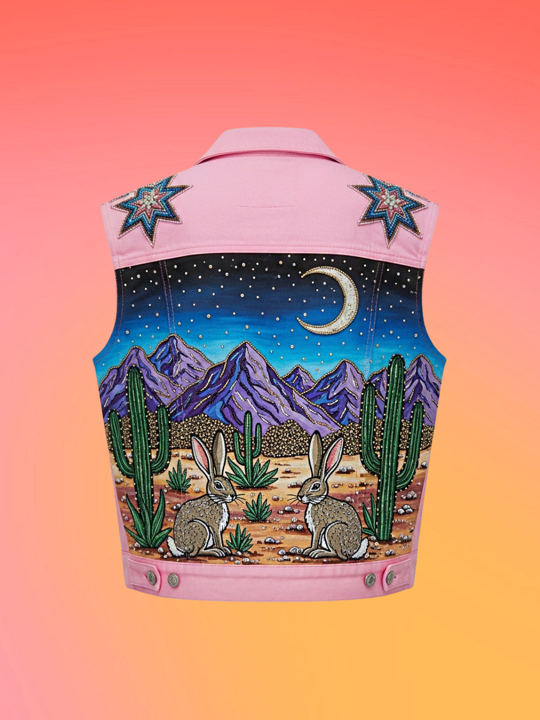 Hand painted pink denim vest with desert scene rabbits cactus and night sky design.