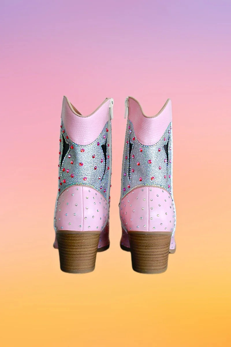 Back view of pink hand painted ankle cowboy boots showing heel and silver glitter panels.