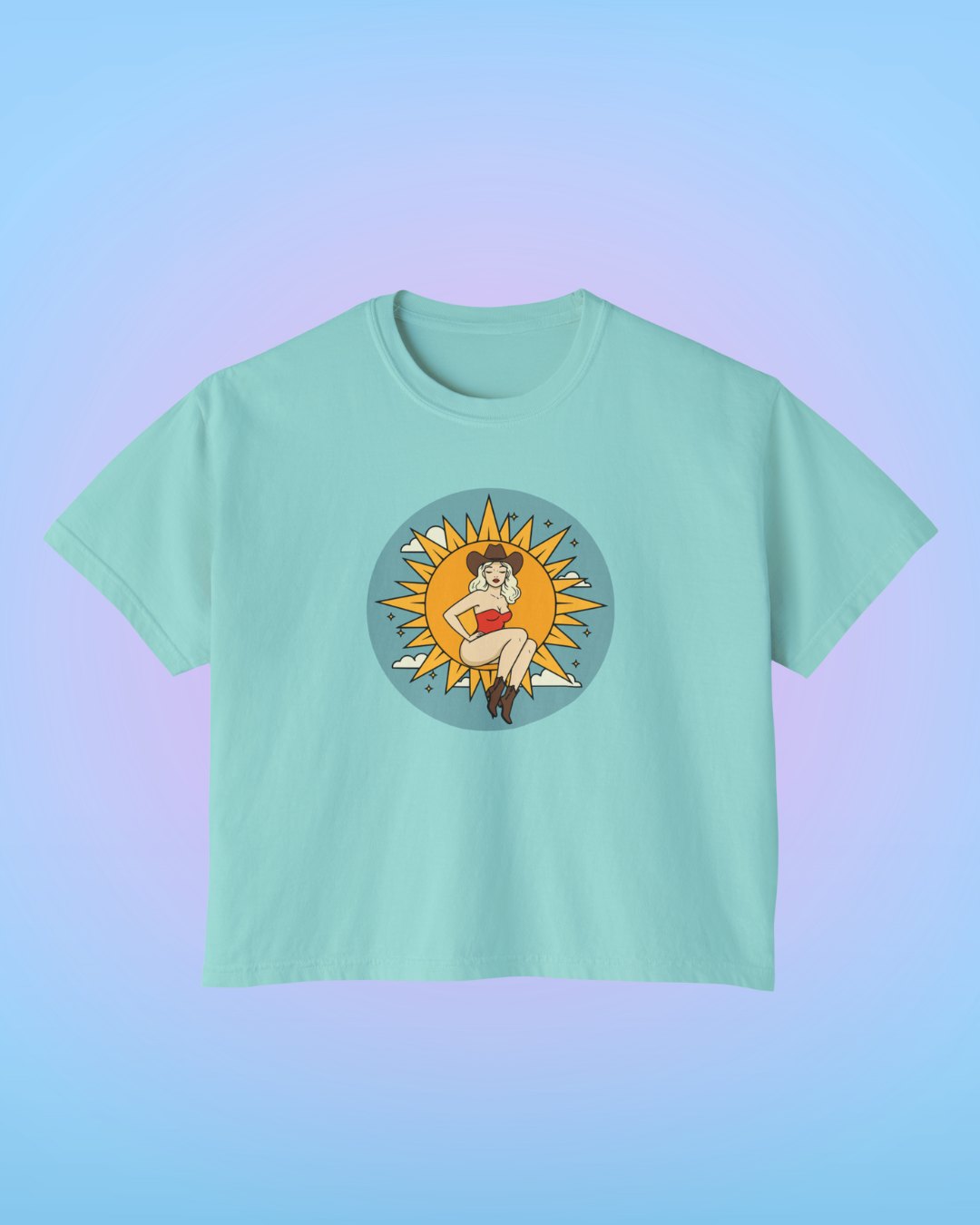 Chalky Mint cropped t-shirt with Sun Goddess illustrated artwork printed on the front.