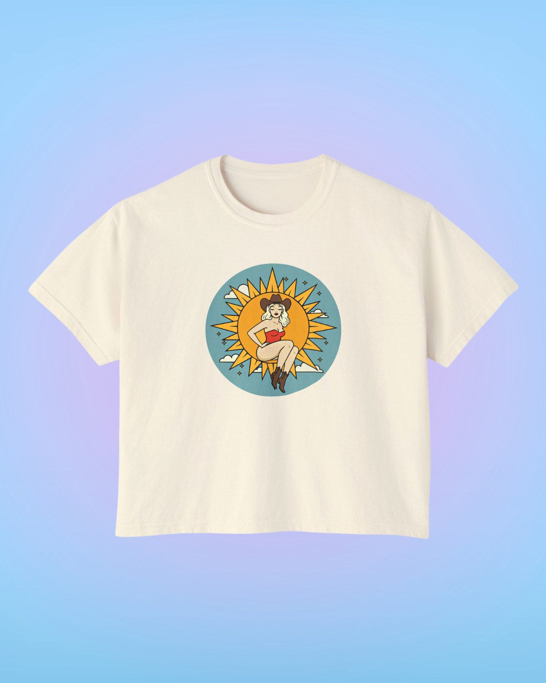 Ivory cropped t-shirt with Sun Goddess illustrated artwork printed on the front.