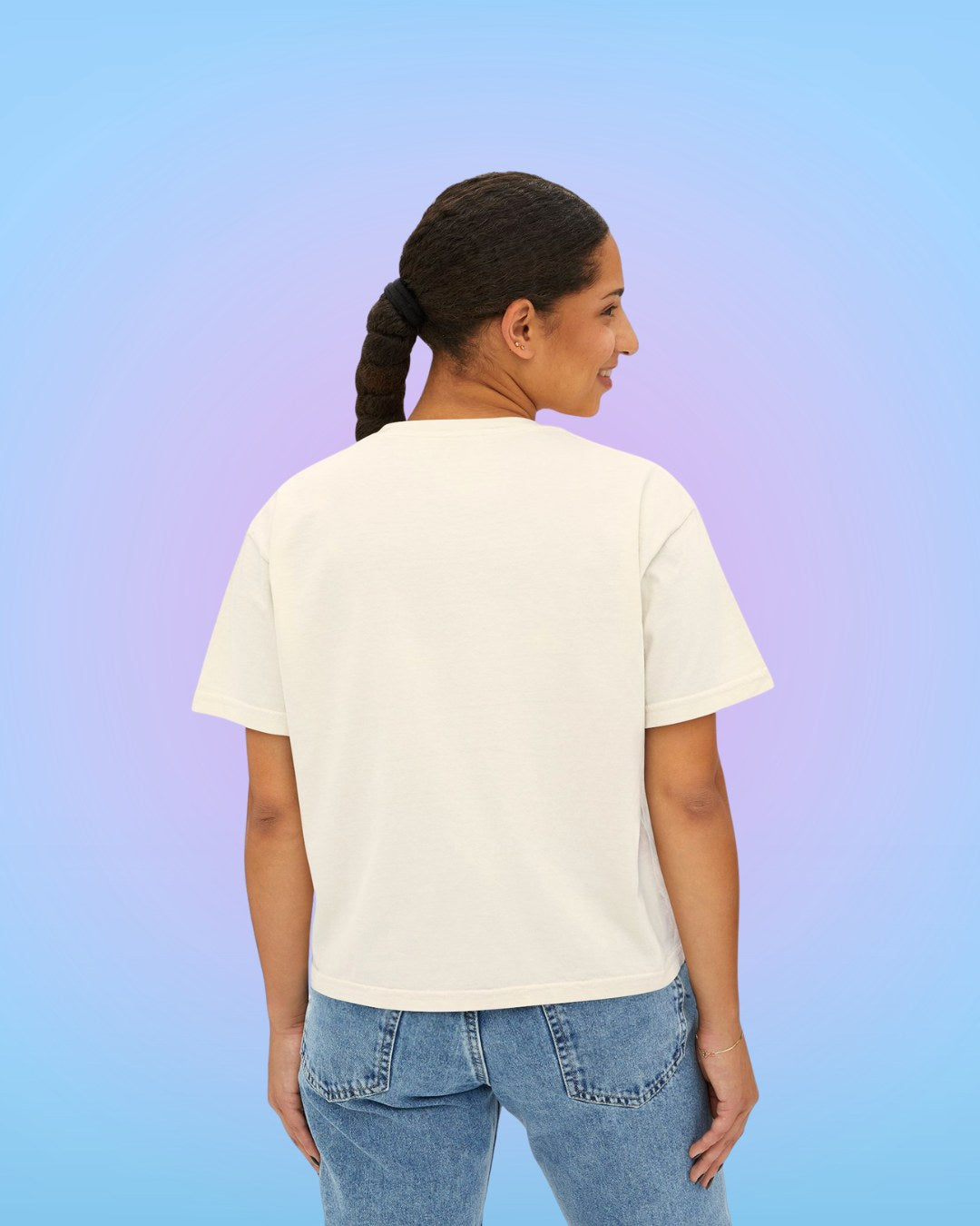 Back view of ivory cropped t-shirt with relaxed boxy fit.